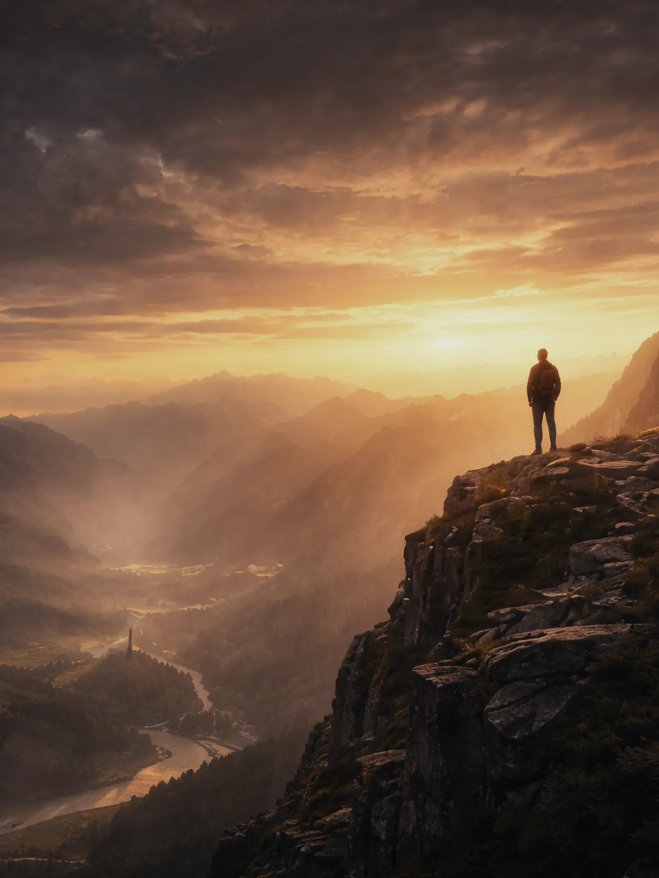 A figure overlooking a mountain valley at sunrise